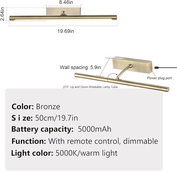 Picture Light for Wall Battery Operated, 20" Rechargeable Art Light with Remote and Timer for Painting, 9000mAh Wireless Wall Light for Display, Artwork, Portrait, Gallery, Bronze