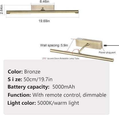Picture Light for Wall Battery Operated, 20" Rechargeable Art Light with Remote and Timer for Painting, 9000mAh Wireless Wall Light for Display, Artwork, Portrait, Gallery, Gold