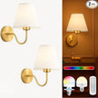 Wireless Wall Sconces Set of 2 with Remote — Gold Pleated Shades Cordless Rechargeable E26 Bulbs, 12 RGB Colors + 3000K/4000K/6000K, Dimmable Wall Mounted Lamps for Bedroom Living Room Hallway