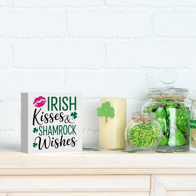 Irish Blessing Kisses Decor St Patricks Day Decorations Rustic Wood Sign Home Tabletop Shelf Desk Decor St Patrick's Day Decorations 5 X 5 Inches