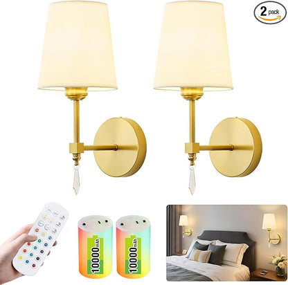 Wireless Wall sconces Set of Two,10000 Mah Battery Operated Wall Sconce with Remote,Dimmable 12 RGBS Rechargeable Wall Sconce,Cordless sconces wall decor set of 2 for Living Room,Bedroom (Gold)