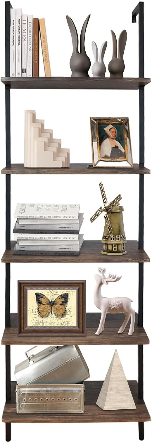 aboxoo Ladder Shelf Open Bookshelf 5-tier Wood Wall-mounted Bookcase Storage Rack Open Back Industrial Modern Plant Flower Stand Utility Organizer Bookcase Metal Frame Furniture Office Kitchen Bedroom