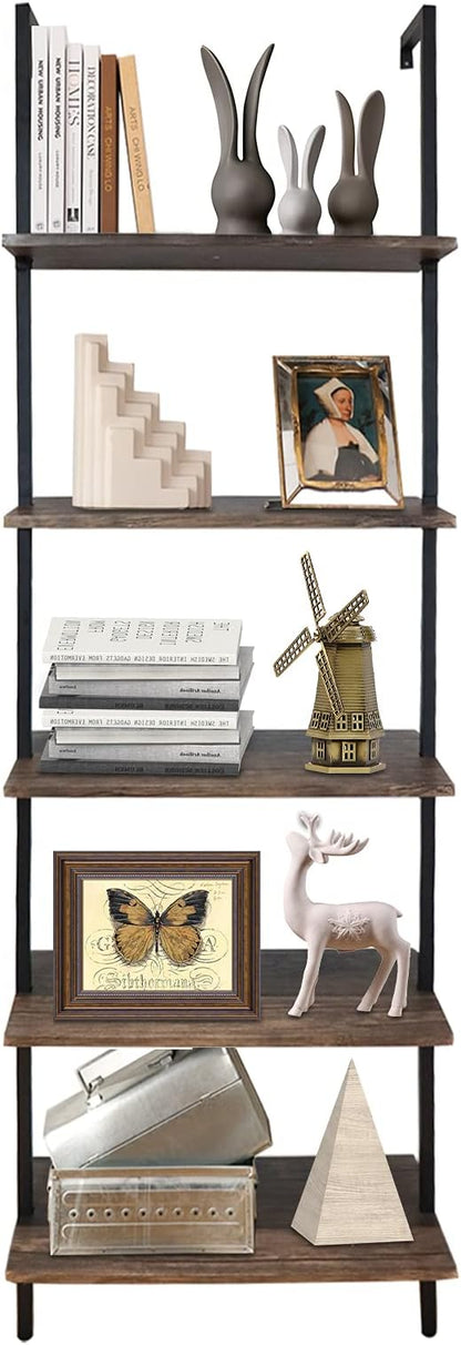 aboxoo Ladder Shelf Open Bookshelf 5-tier Wood Wall-mounted Bookcase Storage Rack Open Back Industrial Modern Plant Flower Stand Utility Organizer Bookcase Metal Frame Furniture Office Kitchen Bedroom