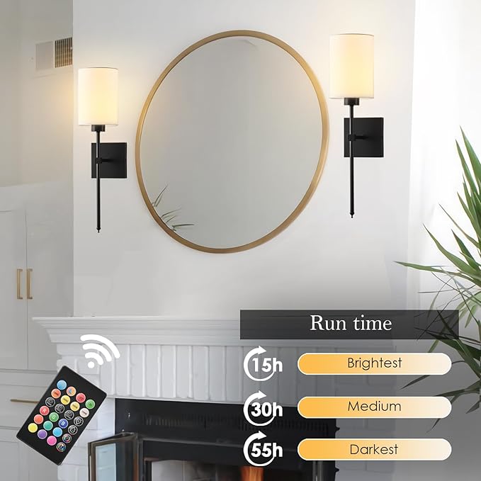Battery Operated Wall Sconce Set of Two, Wireless Rechargeable Wall Light with Remote Control, Dimmable, 4 Color Temperatures, RGB, Timer, for Living Room,Bedroom,Entryway, Black, 20.6 Inch