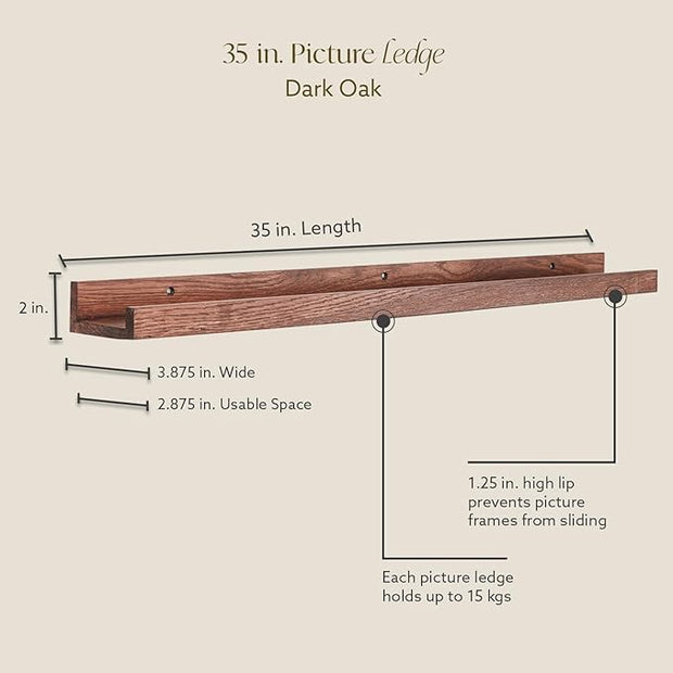 Opposite Wall 35 in Dark Oak Wood Wall Mounted Floating Picture Ledge Shelf | Minimalist, Ideal for Bedroom, Kitchen, Bathroom, Office, Easy Installation, Mounting Hardware Included