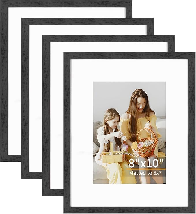 8x10 Picture Frame Set of 4, Displays 5x7 with Mat or 8x10 Without Mat, Photo Frames for Wall Hanging or Tabletop, Includes HD Plexiglass, Black