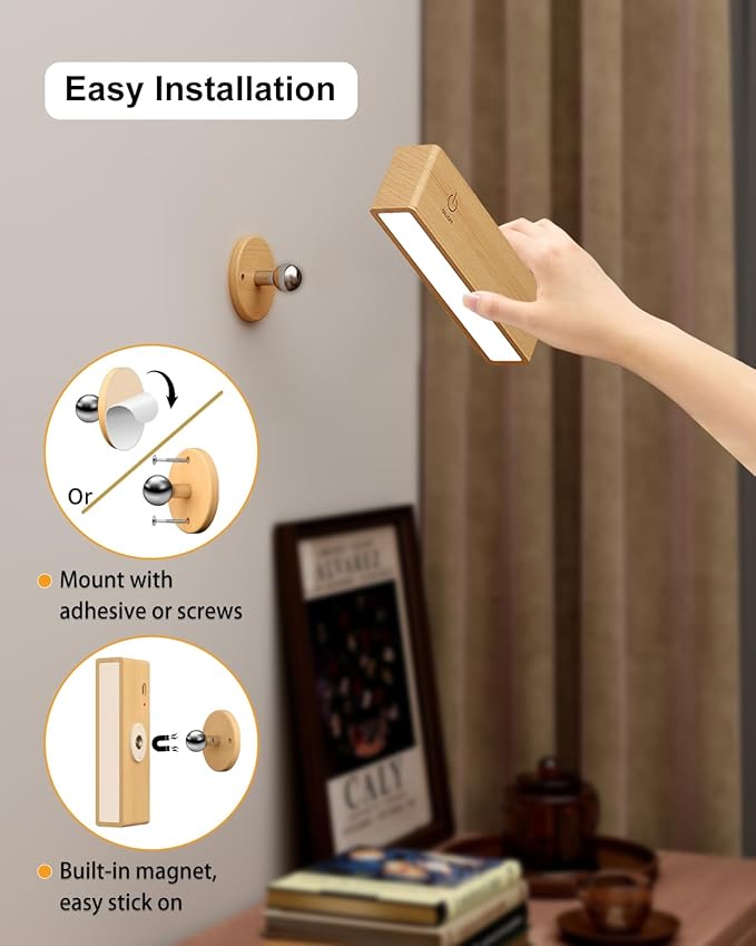 Wall Sconces Battery Operated Set of Two,Rechargeable Wall Lamps for Bedroom,Wall Lights Wireless Dimmable,Wood Wall Sconce with 360 Rotation,Peel and Stick Wall Sconces for Bedroom Bedside