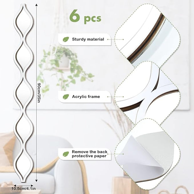Yulejo 6 Pcs Acrylic Teardrop Mirror Decor Narrow Wall Decor Boho Vintage Wall Art for Apartment Home Living Room Bathroom Bedroom Hallway (Silver Edge)