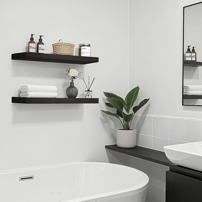 Solid Wood Floating Shelves for Wall 24 inch Bathroom Hanging Wall Shelves Set of 2 for Living Room Bedroom Kitchen Farmhouse 24x6.7 inch - Black