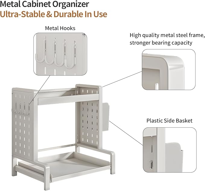 Spice Rack 2 Tier Metal Standing Kitchen Seasoning Storage Shelf with Hanging Basket Pull Out Countertop Organizer for Counter, Cabinet, Pantry, Bathroom, Bedroom (White)