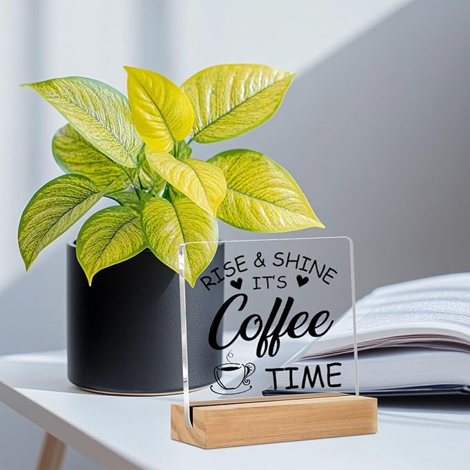 Coffee Desk Decor Sign, Coffee Time Acrylic Sign With Wooden Stand For Farmhouse Home Kitchen Table, Coffee Sign for Farmhouse Home Kitchen Bar Shelf Table, Gifts for Family Friend Coworker