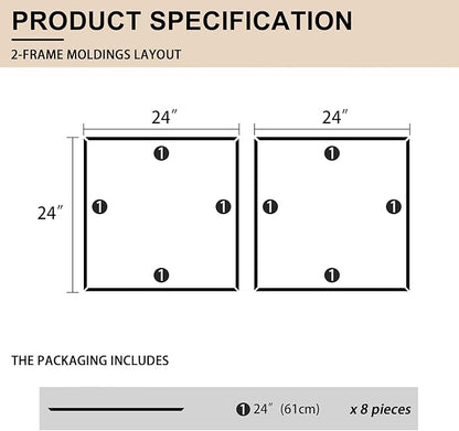 2 Set of 24" x 24" Pre-Cut Accent Wall Molding Trim Kit, Peel and Stick Premade Wainscoting Panels for Interior Decoration, Ready to Assemble Chair Rail Moulding