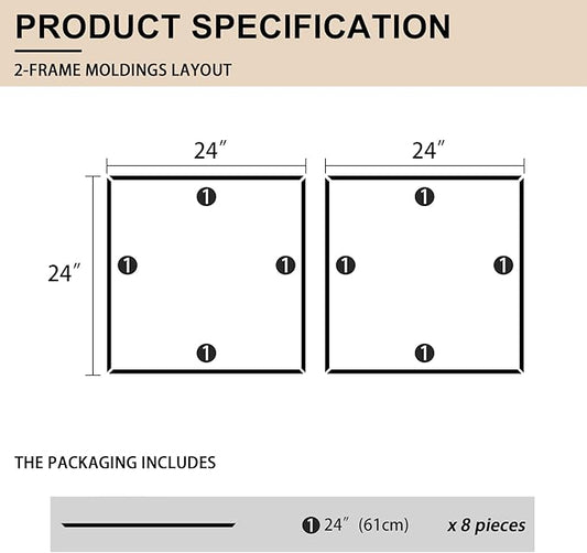 2 Set of 24" x 24" Pre-Cut Accent Wall Molding Trim Kit, Peel and Stick Premade Wainscoting Panels for Interior Decoration, Ready to Assemble Chair Rail Moulding