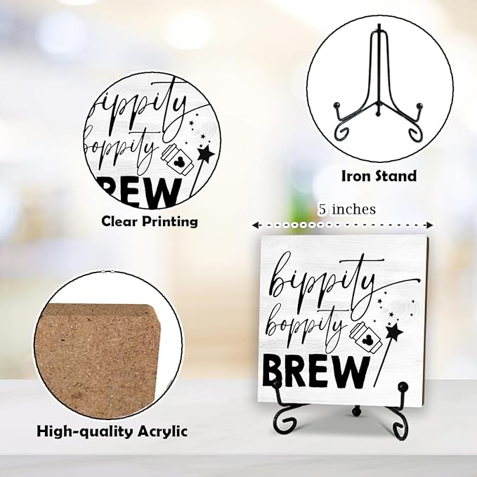 5'' Rustic Cafe Wooden Sign With Metal Stand - Bippity Boppity Brew - Wooden Plaque Tabletop Decor Gifts For Coffee Lover Friends Family Coworkers - Home Desk Kitchen Coffee Bar Decor & Supplies - B03