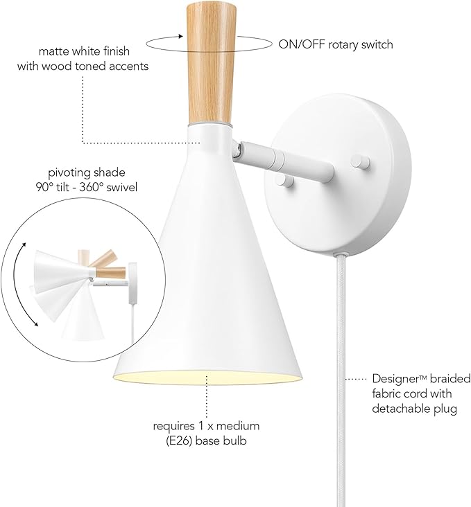 Globe Electric 65000147 1-Light Plug-in or Hardwire Wall Sconce, Matte White, Light Wood-Toned On/Off Rotary Switch on Pivoting Shade, 6ft White Braided Fabric Cord, Wall Lights for Living Room