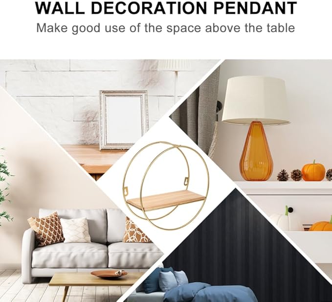 ABOOFAN Round Wall Floating Shelves, 10'' Small Gold Metal Wire Geometric Circle Organizer Wall Shelf, Space-Saving Decorative Display Floating Rack for Living Room, Office