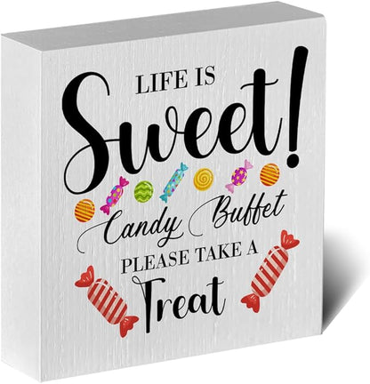 Candy Lover Artwork Wood Box Sign Rustic Farmhouse Style Life Is Sweet Candy Buffet Wood Block Plaque 5 X 5 Inches Home Desk Sign Decor for Presents