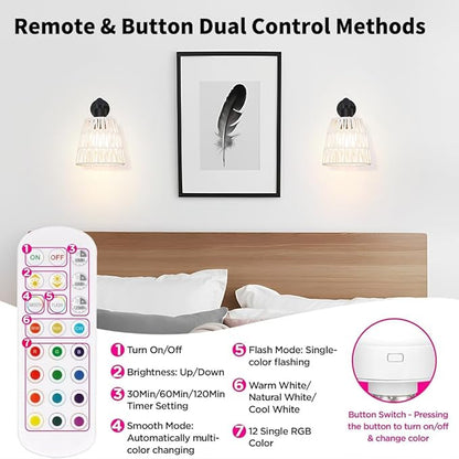 Boho Battery Operated Wall Sconce Set of 2, White Rattan Rechargeable Wall Lights with Dimmable Bulbs and Remote,15 Colors Wireless Wall Lamps for Bedroom Living Room Hallway Decor