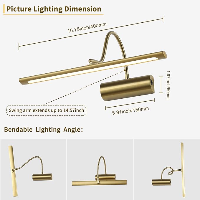 JOOSENLUX Battery Operated Picture Lights Gold Wall Lights Wireless Flexible Neck with Remote Rechargeable Wall Lights for Pictures 16