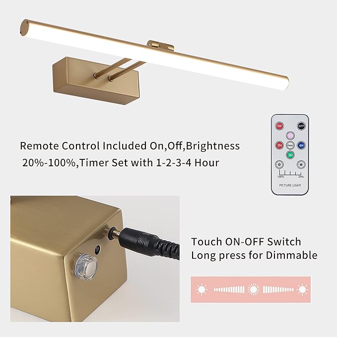 Picture Light,16inches Rechargeable Wireless Picture Light,Dimmable Led Artwork Lighting,Wall Lights for Paintings,Canvas,Gallery, Portrait (Brass)