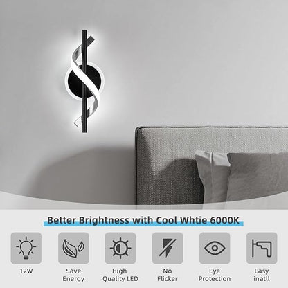 LED Wall Sconces Indoor, 12W LED Wall Mount Lights, Modern Spiral Wall Lamp, 6000K Cold Light Fixture for Stairs, Living Room, Bedroom, Aisle, Hallway (Cold White, Black)