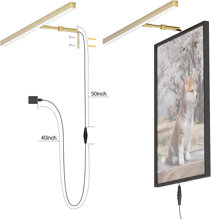 24" Plug in Picture Light for Paintings with Remote Control, 9W LED Art Display Lighting for Gallery, Dartboard, Artwork, Gold Finish Wall Mounted Picture Frame Light