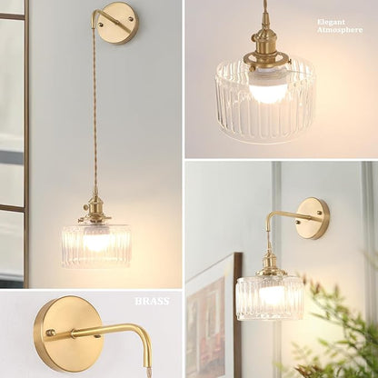 Battery Operated Wall Sconce with Clear Striped Shade Pattern Glass Adjustable Chain Retro Gold Wall Mounted Light, Modern Wall Lamp Fixtures Decor for Bedside Bedroom Indoor Doorway