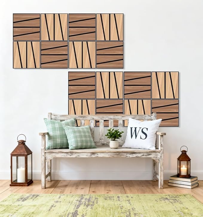 WoveN SounD Artisan Acoustic Wall Panels, 16 Pack 12x12 Inch, Wood Veneer Carved Sound Proof Wall Decor, Self-Adhesive for Home, Studio, Office & Focus Zones, Cut Prism, Teak