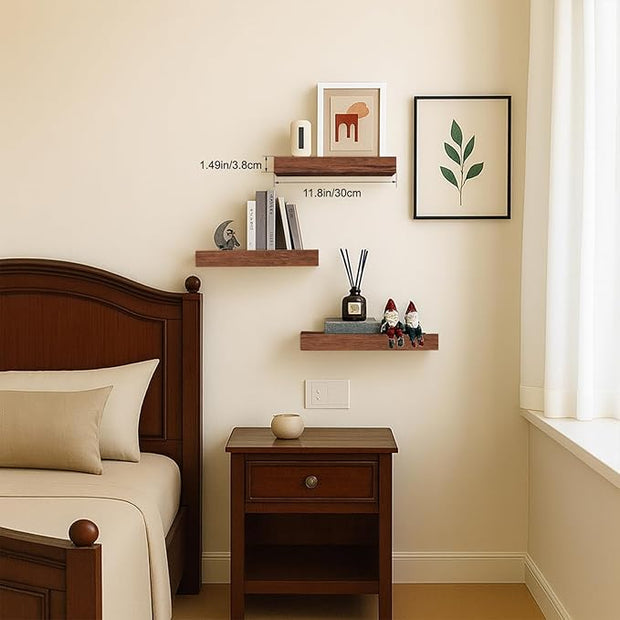 Floating Shelves for Wall, Bathroom Shelves Over Toilet, Wall Shelves & Book Shelf, Hanging Shelf, Modern Wooden Wall-Mounted Small Floating Shelves, 12x7x1.5 in (Walnut-Like, Set of 3)