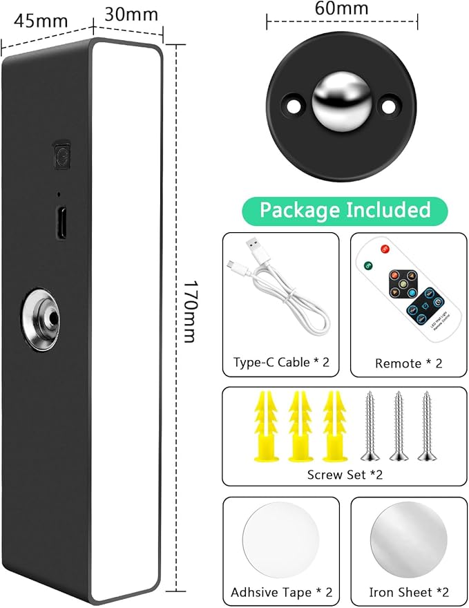iThird Rechargeable Battery Operated Wall Sconce Set of 2: Wireless Black Wall Lights Battery Powered Magnetic 360° Rotation Cordless Scone Adhesive LED Wall Mount Lamp for Bedroom Reading Picture RV