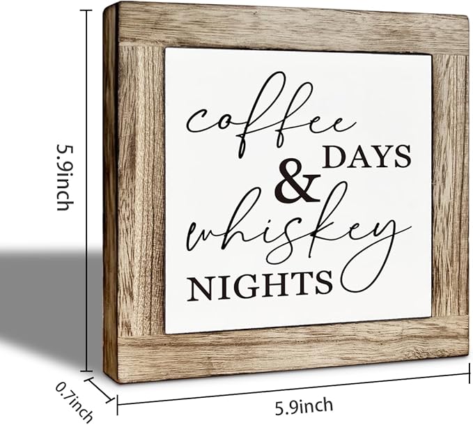 Coffee Bar Wooden Decor, Coffee Day Whiskey Nights Sign, Farmhouse Cafe and Bar Table Top Decoration, Rustic Wooden Table and Shelves Decor 5.9X5.9 Inches