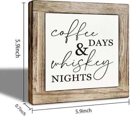 Coffee Bar Wooden Decor, Coffee Day Whiskey Nights Sign, Farmhouse Cafe and Bar Table Top Decoration, Rustic Wooden Table and Shelves Decor 5.9X5.9 Inches