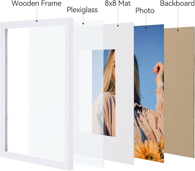 Vittanly 12x12 Picture Frames Set of 4, Display Pictures 8x8 with Mat or 12x12 without Mat, Gallery Frame for Wall Display, Engineered Wood with Shatter Resistant Plexiglass, White