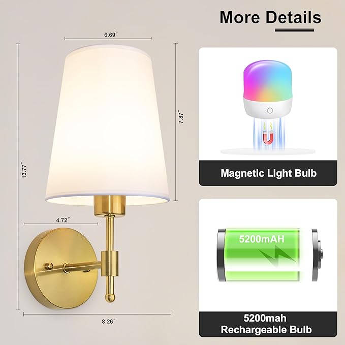 Battery Operated Wall Sconces Set of 2, Rechargeable Gold Wall Sconce with Remote Control, 12 Colors RGB Magnetic Bulb, Wireless Battery Wall Lamp for Bedroom Living Room Hallway