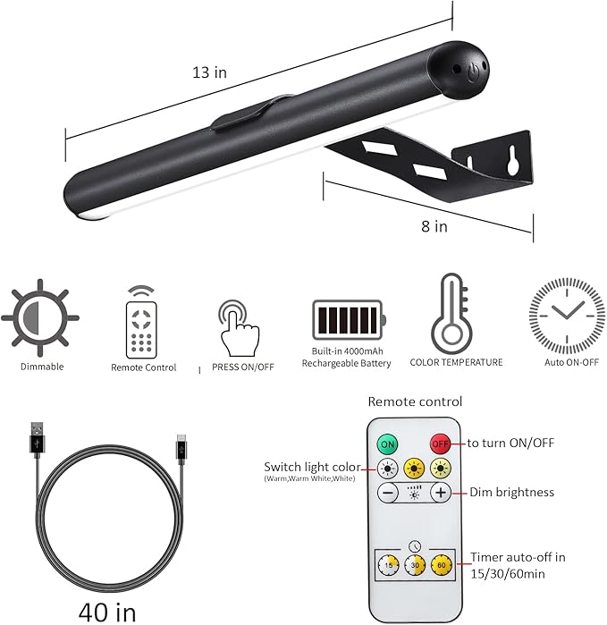 Rechargeable Picture Light Battery Operated, Wireless Painting Light with Remote Control,Metal Art Light Dimmable Display Lamp,3 Modes with Timer for Dartboard Frame Picture Gallery