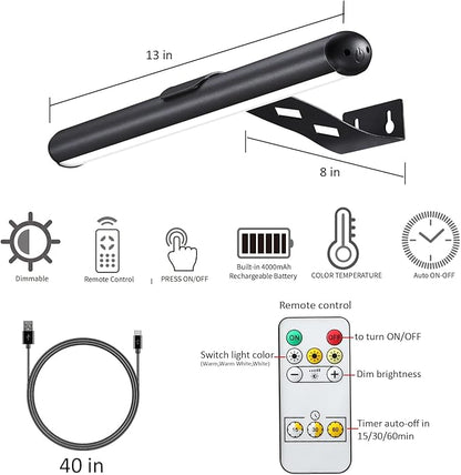 Rechargeable Picture Light Battery Operated, Wireless Painting Light with Remote Control,Metal Art Light Dimmable Display Lamp,3 Modes with Timer for Dartboard Frame Picture Gallery