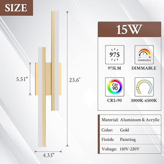 LED Wall Sconce Gold Modern Remote Wall Light Fixtures for Living Room, Dimmable LED Vanity Light Indoor Remote Wall Sconce for Bedside Bedroom Bathroom Dining Room, 23.6inch 1 Pack