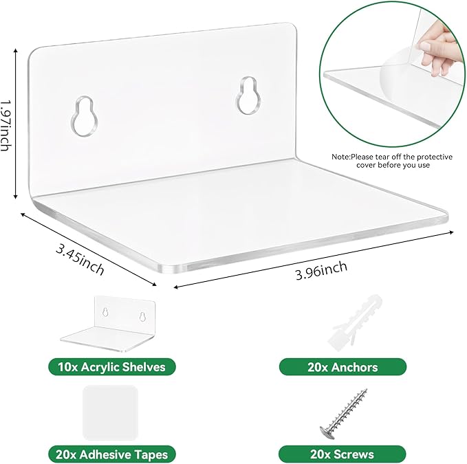 10 Pack 4 Inches Small Acrylic Wall Shelves,Clear Floating Shelves with Dual Installation (Adhesive & Screws), for Storing Surveillance Cameras, Speakers, Perfume Bottles, Plants