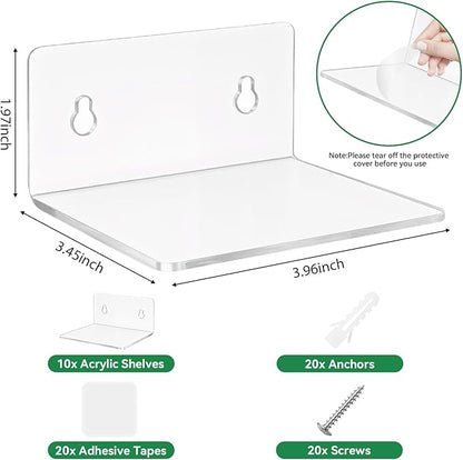 10 Pack 4 Inches Small Acrylic Wall Shelves,Clear Floating Shelves with Dual Installation (Adhesive & Screws), for Storing Surveillance Cameras, Speakers, Perfume Bottles, Plants