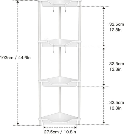 Orimade Rustproof 4 Tier Floor Standing Corner Shower Caddy Organizer, Plastic Metal Splicing Floor Corner Shelf Rack Stands for Bathroom, White