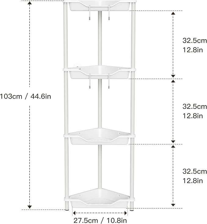 Orimade Rustproof 4 Tier Floor Standing Corner Shower Caddy Organizer, Plastic Metal Splicing Floor Corner Shelf Rack Stands for Bathroom, White