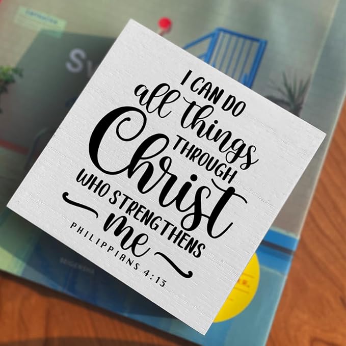 I Can Do All Things Through Bible Verse Artwork Wood Box Sign Rustic Farmhouse Style Philippians 4 : 13 Christian Wood Block Plaque 5 X 5 Inches Home Office Desk Sign Decor for Presents