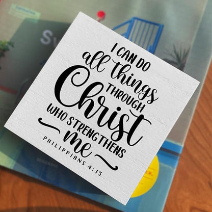 I Can Do All Things Through Bible Verse Artwork Wood Box Sign Rustic Farmhouse Style Philippians 4 : 13 Christian Wood Block Plaque 5 X 5 Inches Home Office Desk Sign Decor for Presents