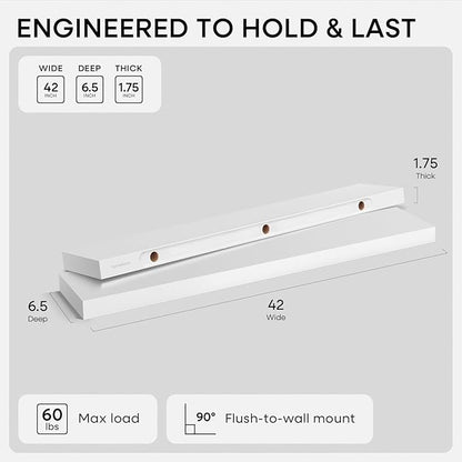 Homeforia White Floating Shelves 42 inch, High End Solid Real Wood 42inch Floating Shelf for Wall Mounted, White Wooden 42in Long Floating Shelves, Heavy Duty Bracket, 42 X 6.5 X 1.75 inches, Set of 3