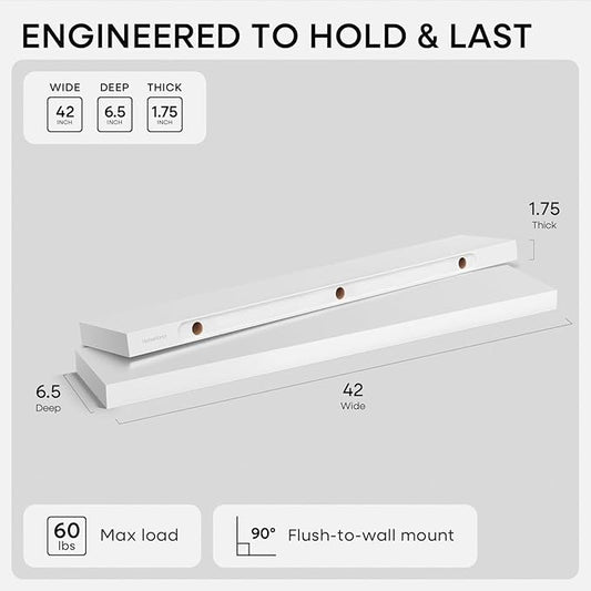 Homeforia White Floating Shelves 42 inch, High End Solid Real Wood 42inch Floating Shelf for Wall Mounted, White Wooden 42in Long Floating Shelves, Heavy Duty Bracket, 42 X 6.5 X 1.75 inches, Set of 3