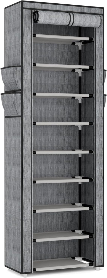 Shoe Rack with Cover Narrow Shoe Rack Organizer with 4 Side Pockets 10 Tier Tall Shoe Storage Shoe Shelf Holds 18-22 Pairs Shoes and Boots Shoe Rack for Closet, Printing