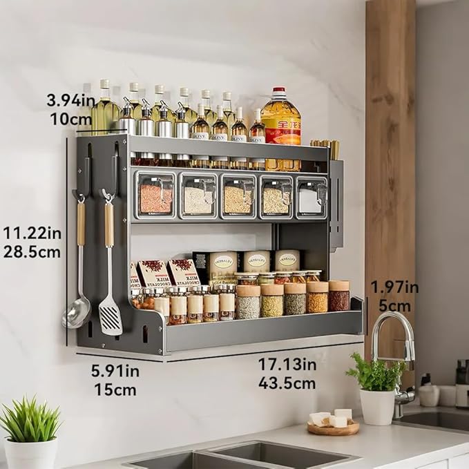 Kitchen Seasoning Shelf Spice Rack Wall Mount with Hooks and Utensil Holder Hanging Seasoning Box Shelf Seasoning Jar Organizer for Sugar Salt Pepper Oil Bottle (5 Boxes)