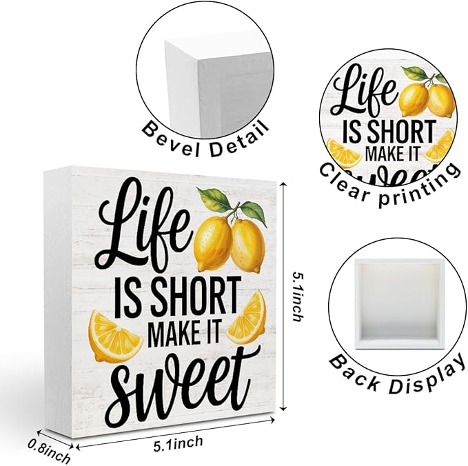 Inspirational Quote Life is Short Make it Sweet Wood Box Sign, Rustic Lemon Print Accessories Wood Plaque, Woods Table Decorative Signs for Office Home Tabletop Shelf, Farmhouse Gifts for Women Family