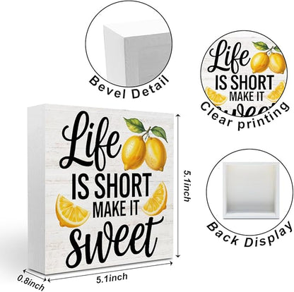 Inspirational Quote Life is Short Make it Sweet Wood Box Sign, Rustic Lemon Print Accessories Wood Plaque, Woods Table Decorative Signs for Office Home Tabletop Shelf, Farmhouse Gifts for Women Family
