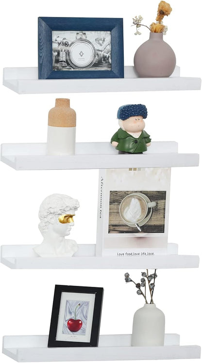 PHOENANCEE Picture Floating Shelves with Lip,Photo Frame Ledge Set of 4,Rustic Wood Storage Display Wall Mounted for Living Room Bedroom Kitchen Kids Nursery Book,Home Decor (White,17 Inch)